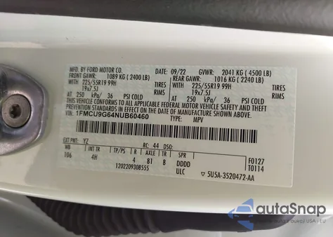 2022 Ford Escape Se из США, поврежденный, VIN 1FMCU9G64NUB60460